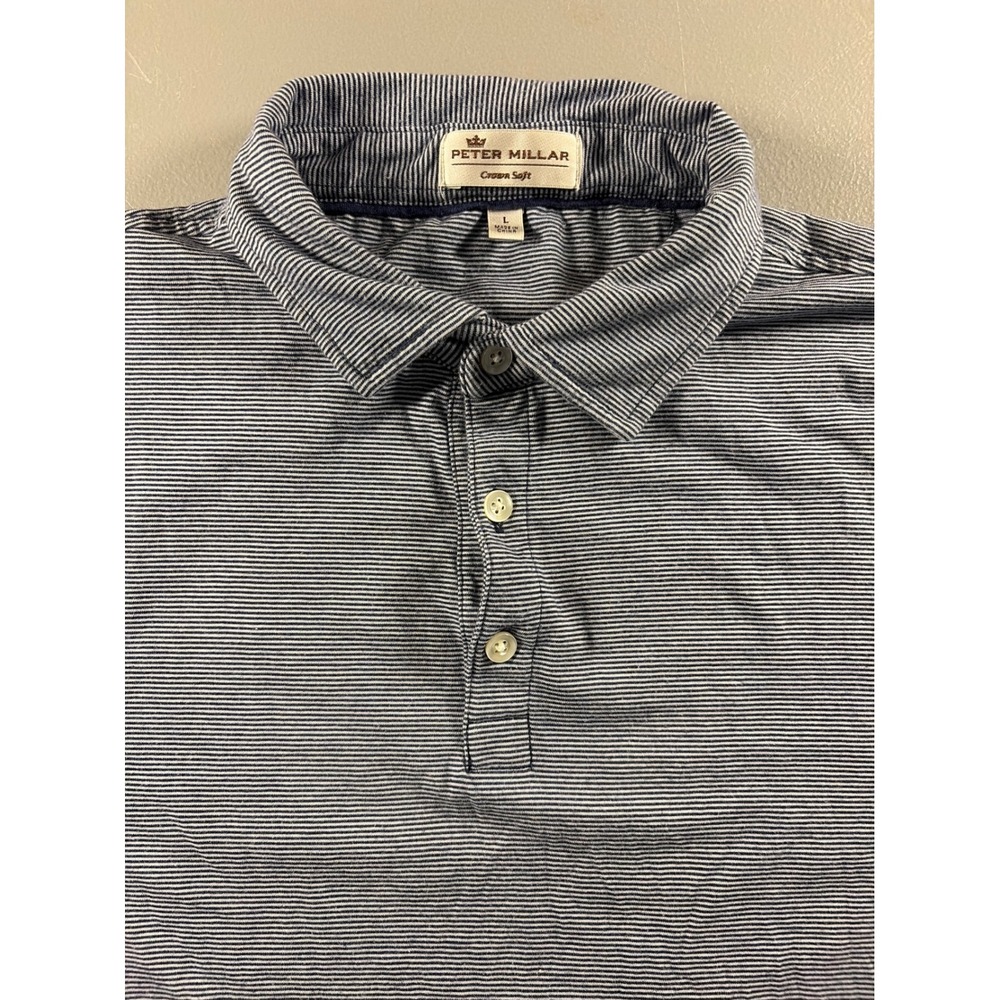 Peter Millar Polo Shirt Mens Large Blue White Striped Crown Soft Short Sleeve